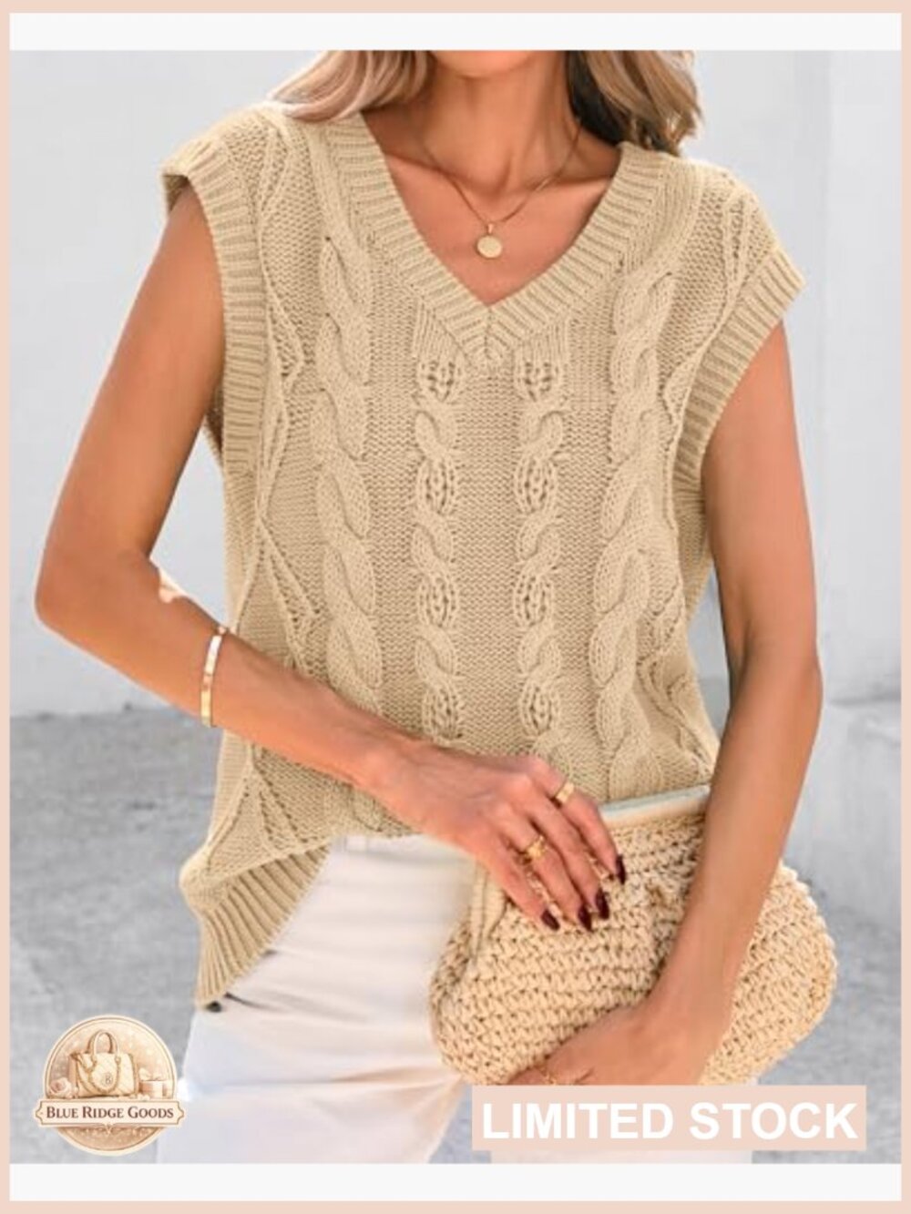 Oversized Cable Knit Sweater Vest V-Neck Loose Fit Pullover Casual Chic - Picture 4 of 7